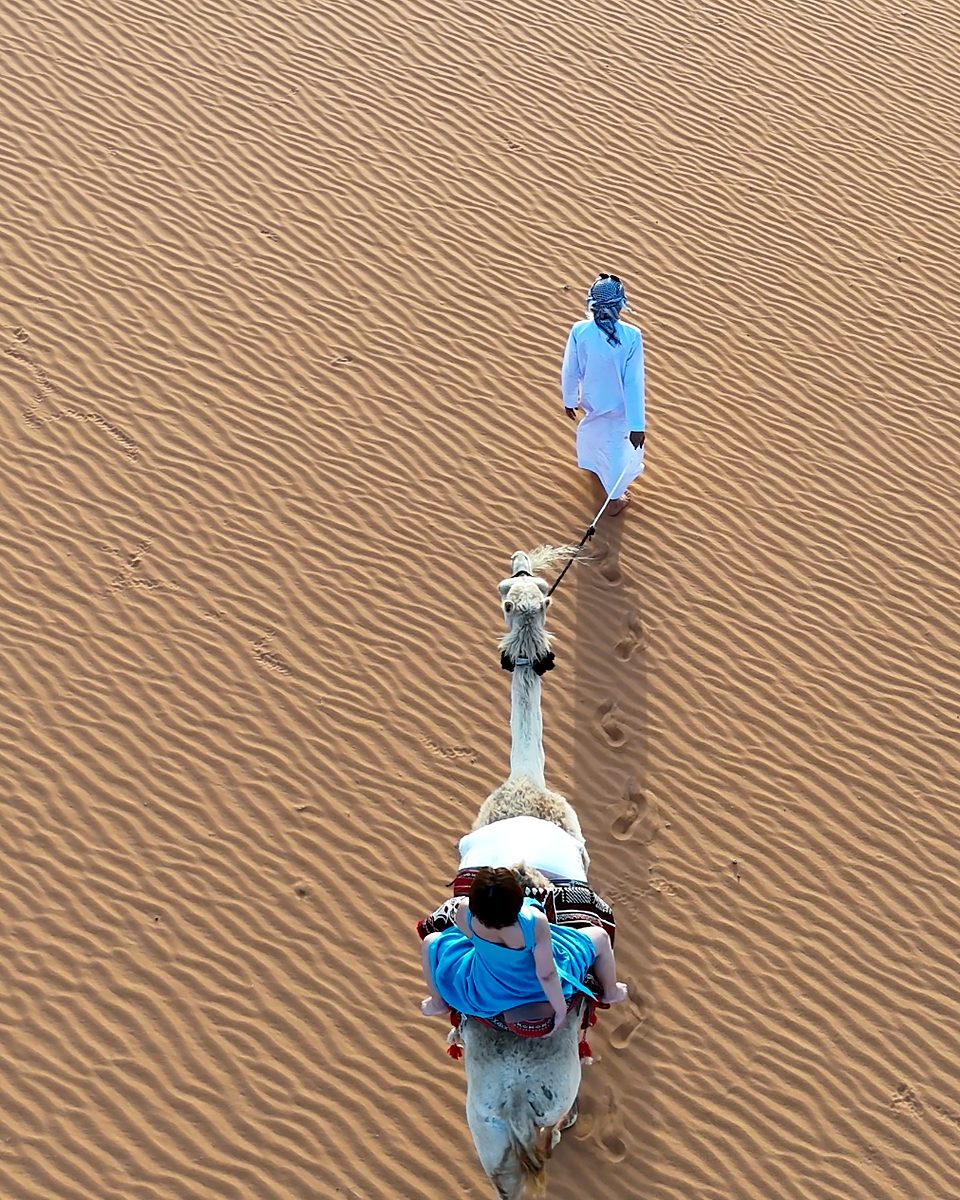 Aerial view of a guide leading a camel across rippled sand